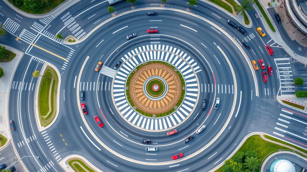 원형 구조로 설계된 회전교차로의 전체 형태와 차량 통행 방향