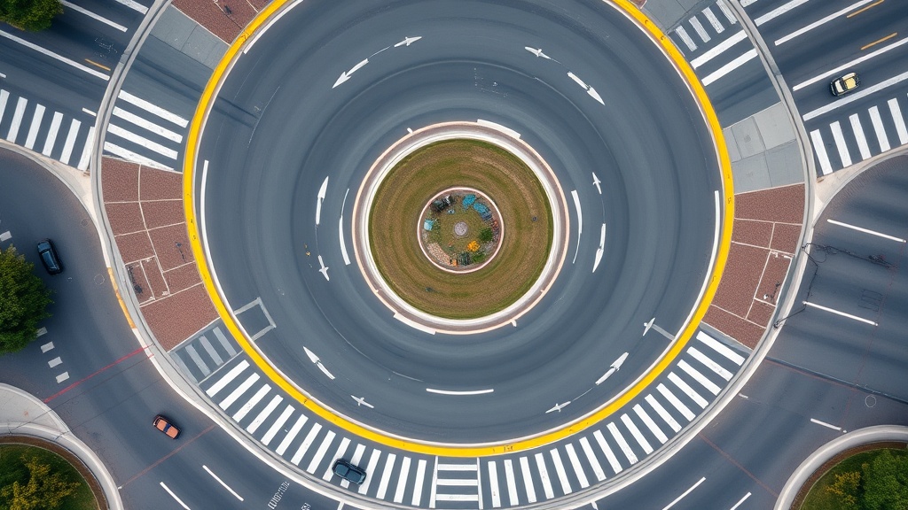 회전교차로 내부의 차로 구분선과 차량의 진입 및 진출 경로 표시