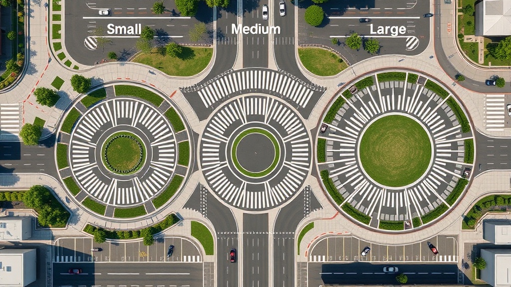 소형, 중형, 대형 회전교차로의 상공에서 본 구조와 차로 배치